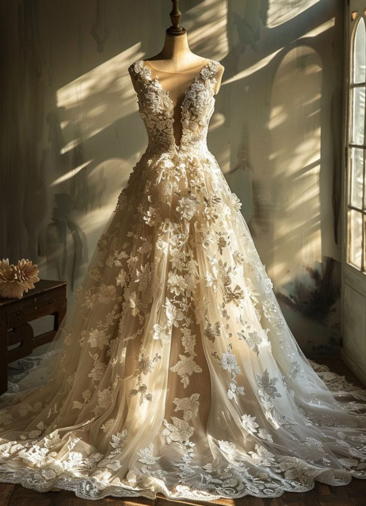 dream wedding dresses featuring elegant floral details and a stunning silhouette for a romantic bridal look.