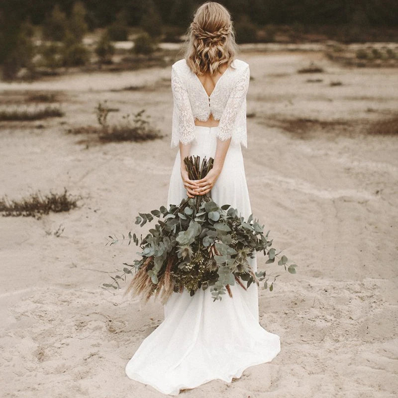 Boho Two-Piece Wedding Dress | V-Neck Chiffon & Lace