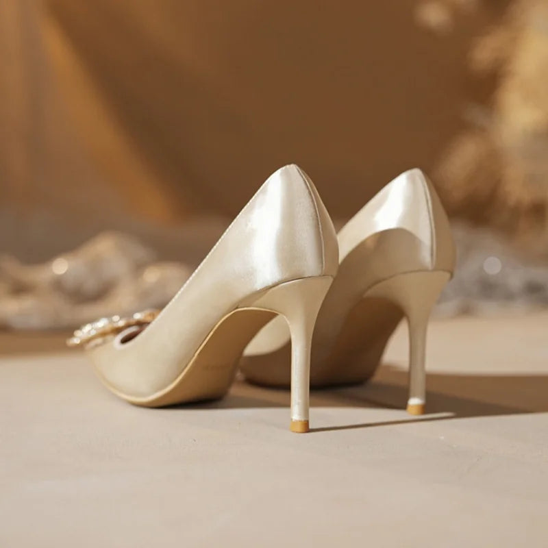 Sparkly Champagne Bridal Heels | Diamond Square Buckle Pointy Pumps