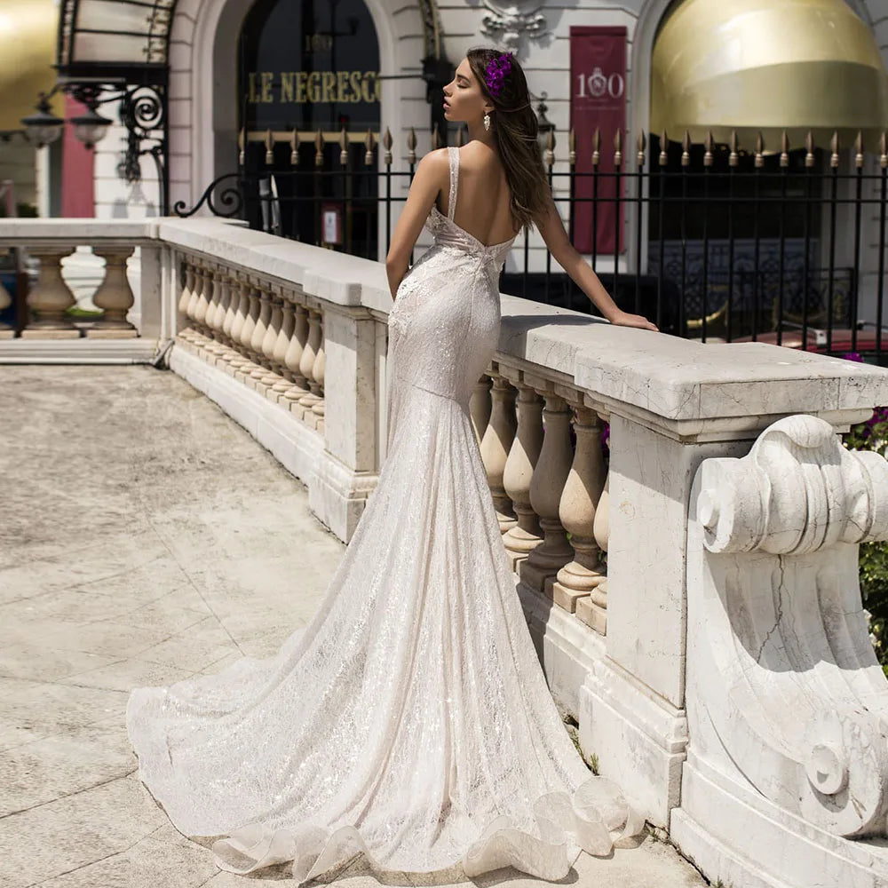 Mermaid Lace Wedding Dress | Deep V Neck Backless