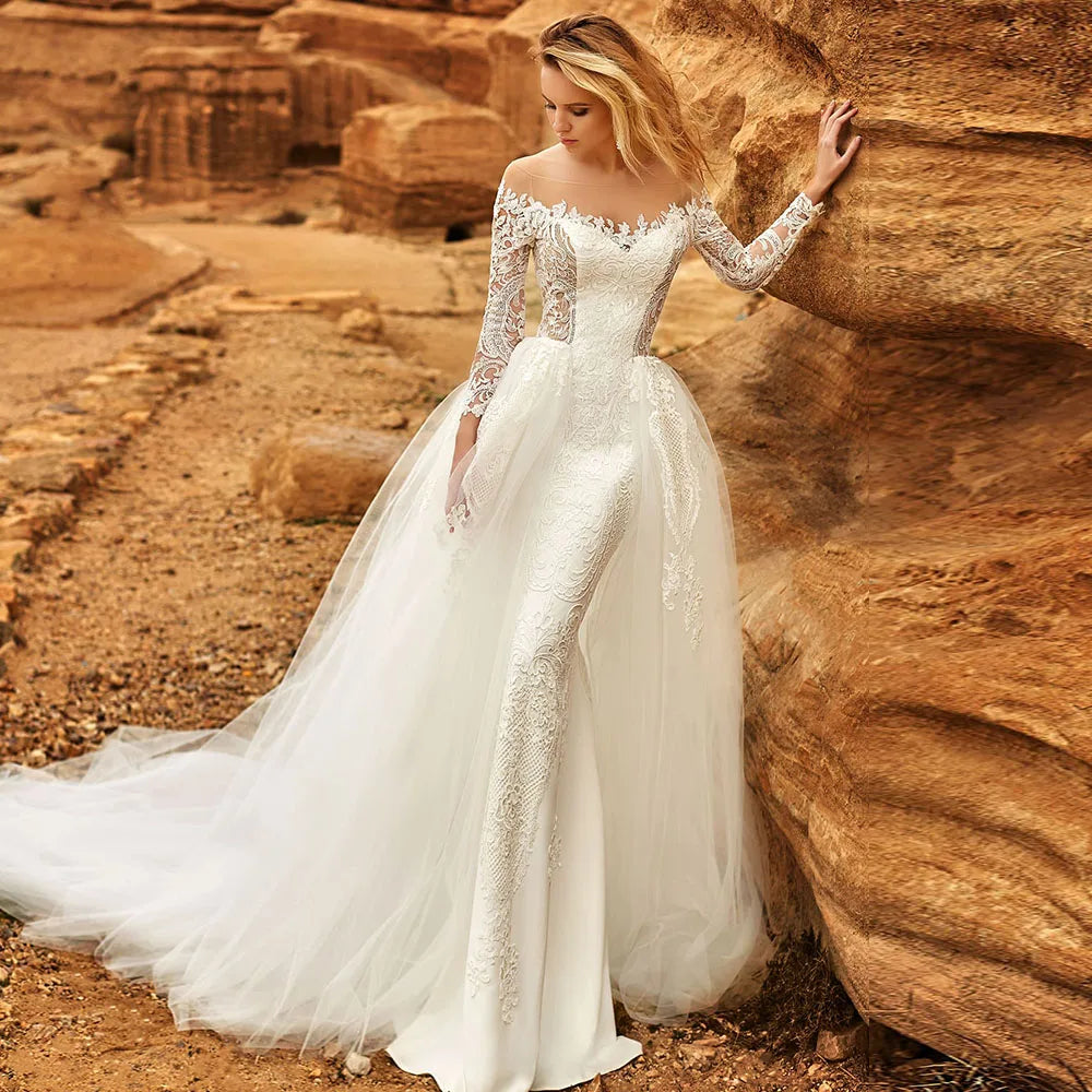 Mermaid Wedong Sleeding Dress with Lves Trumpet Train