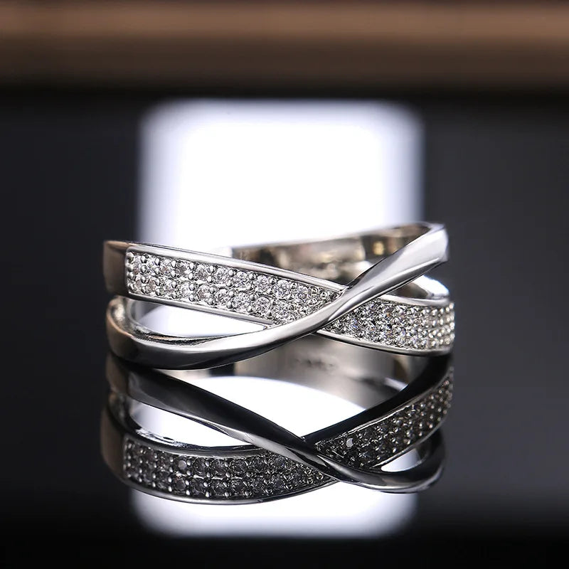 Classic 925 Sterling Silver Women's Ring, X-Shaped Cross, Dazzling Cubic Zirconia, Two-Tone Wedding Ring