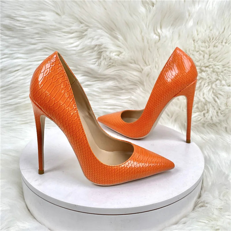Customizable Orange Snake Pattern High Heels | Sizes 34-45 | 8/10/12cm