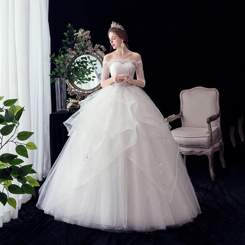 Off-Shoulder Ball Gown Wedding Dress | Satin Pleated Bridal Gown, Long & Elegant for Bride