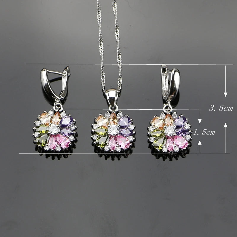 925 Sterling Silver Bridal Jewelry Set | Complete Set with Necklace, Ring, Earrings, Bracelet, and Multicolored Flower and Cubic Zirconia Pendant