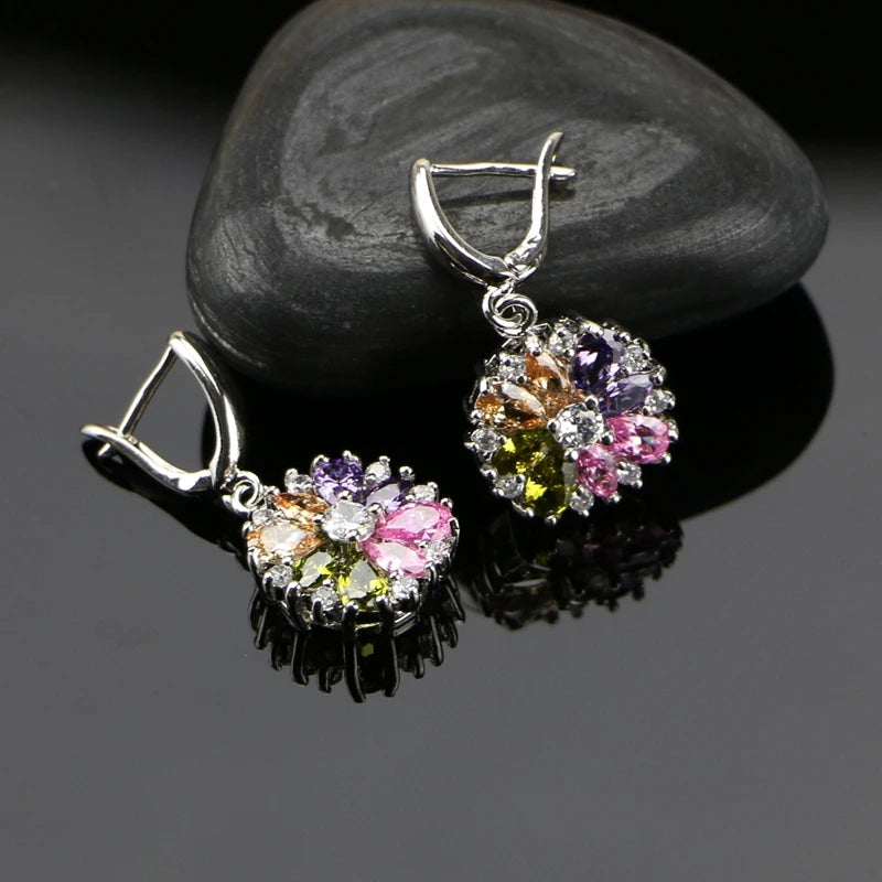 925 Sterling Silver Bridal Jewelry Set | Complete Set with Necklace, Ring, Earrings, Bracelet, and Multicolored Flower and Cubic Zirconia Pendant