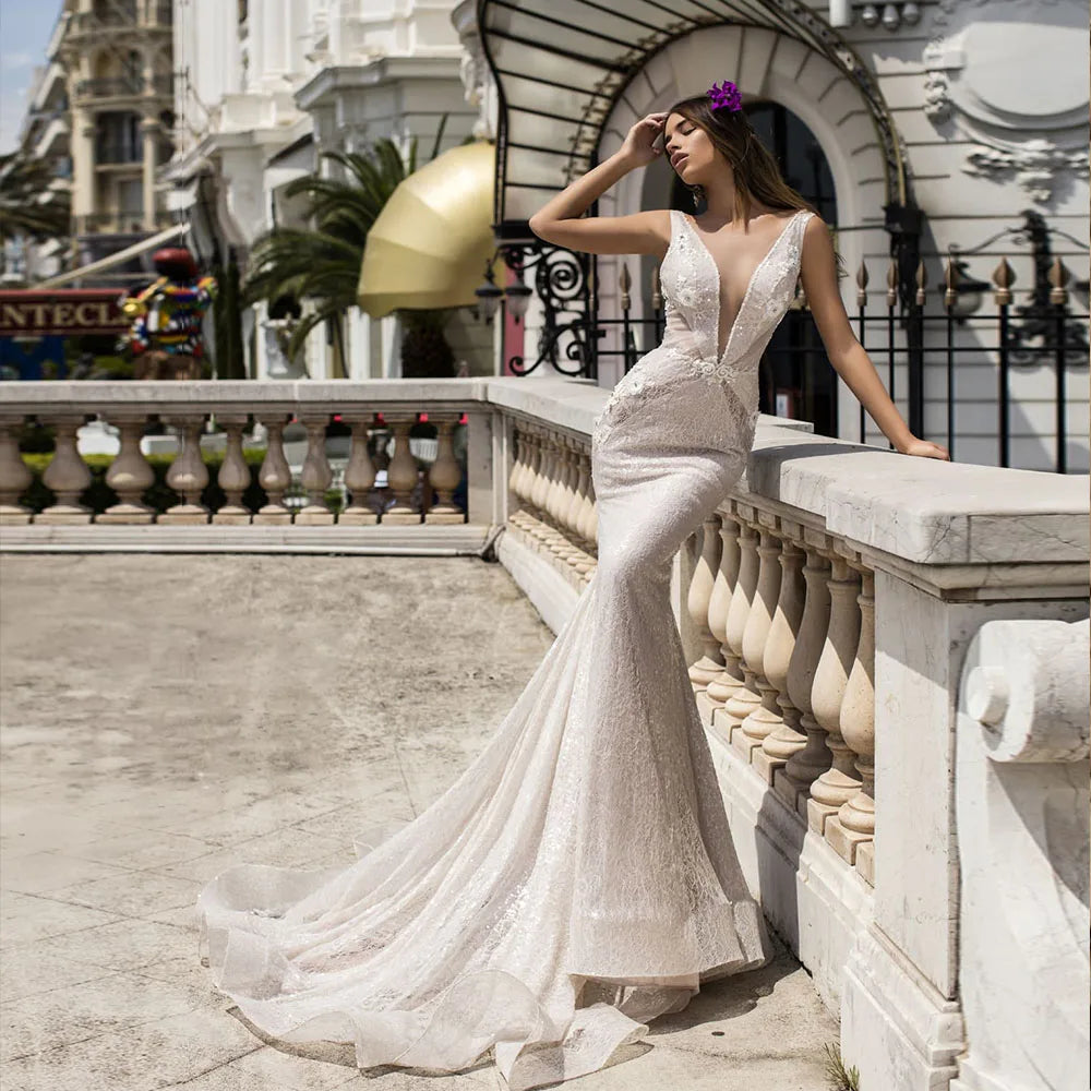 Mermaid Lace Wedding Dress | Deep V Neck Backless