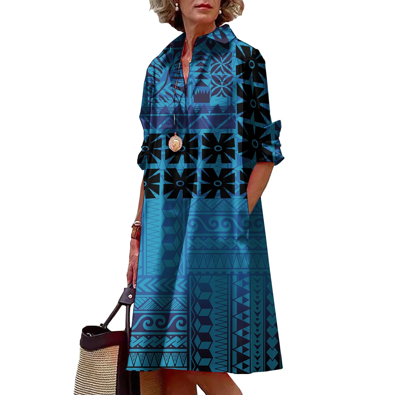 Shirt Dress with Polynesian Print