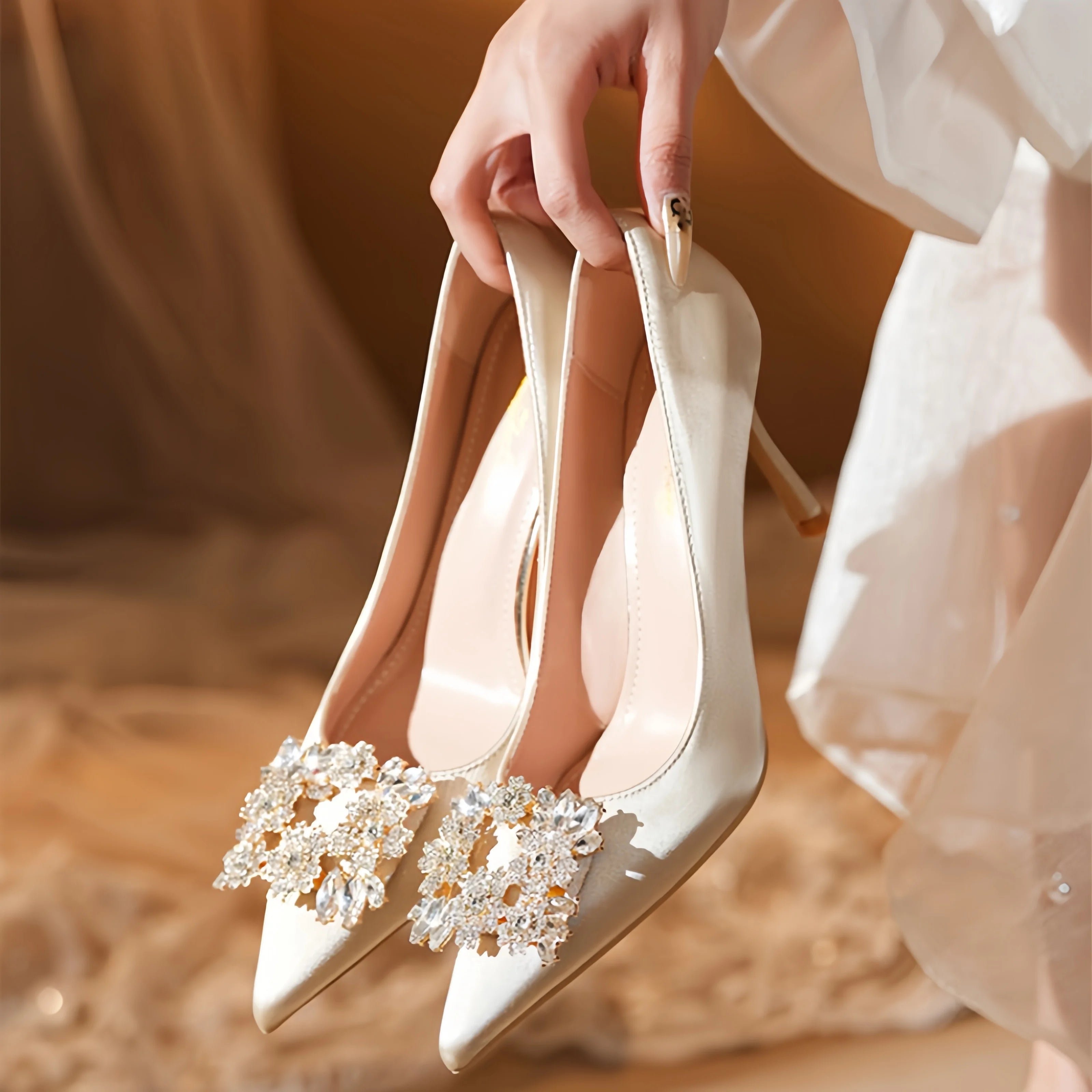 Sparkly Champagne Bridal Heels | Diamond Square Buckle Pointy Pumps