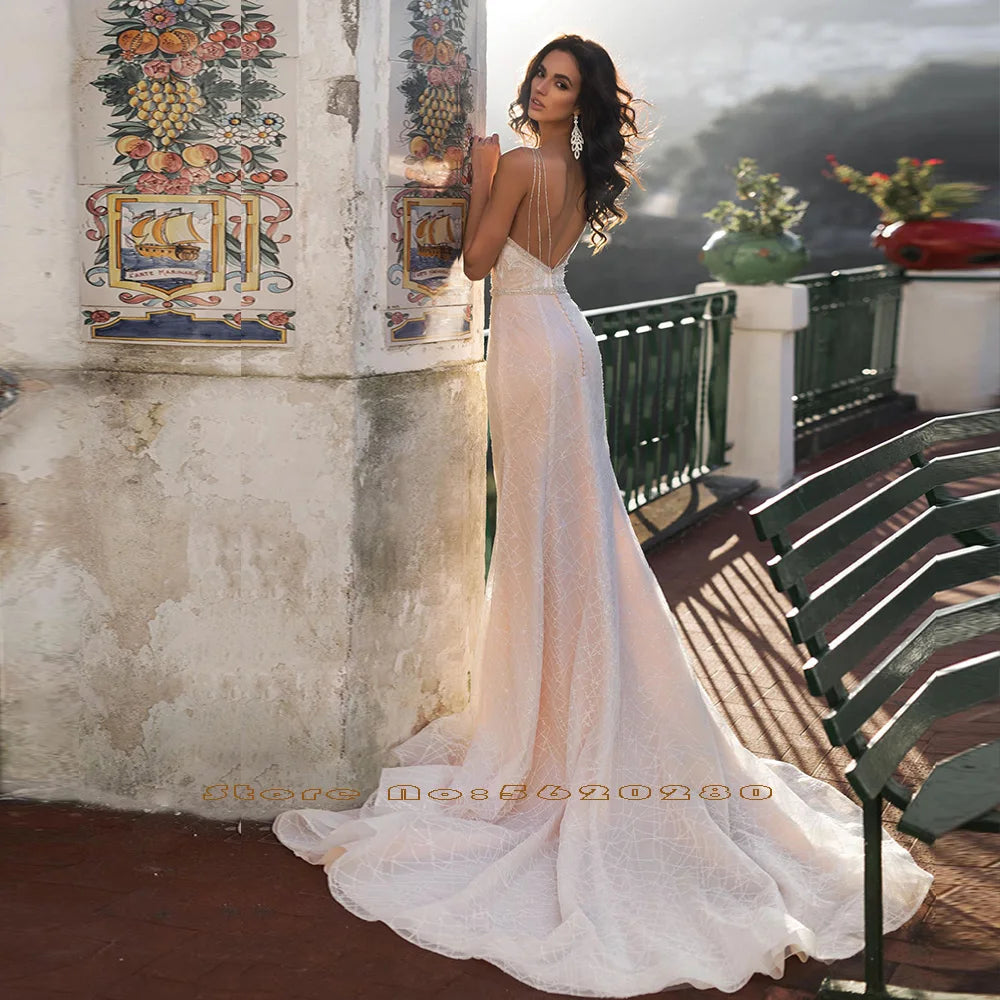 Mermaid Trumpet Wedding Dress Pink Backless Crystal