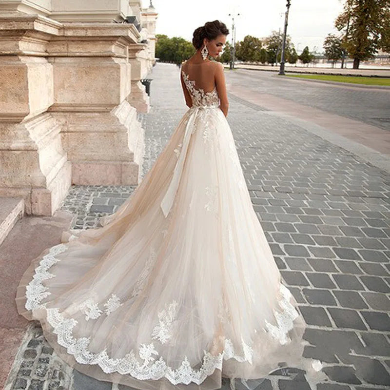 Plus Size Princess Wedding Dress A-Line Lace Sheer Back