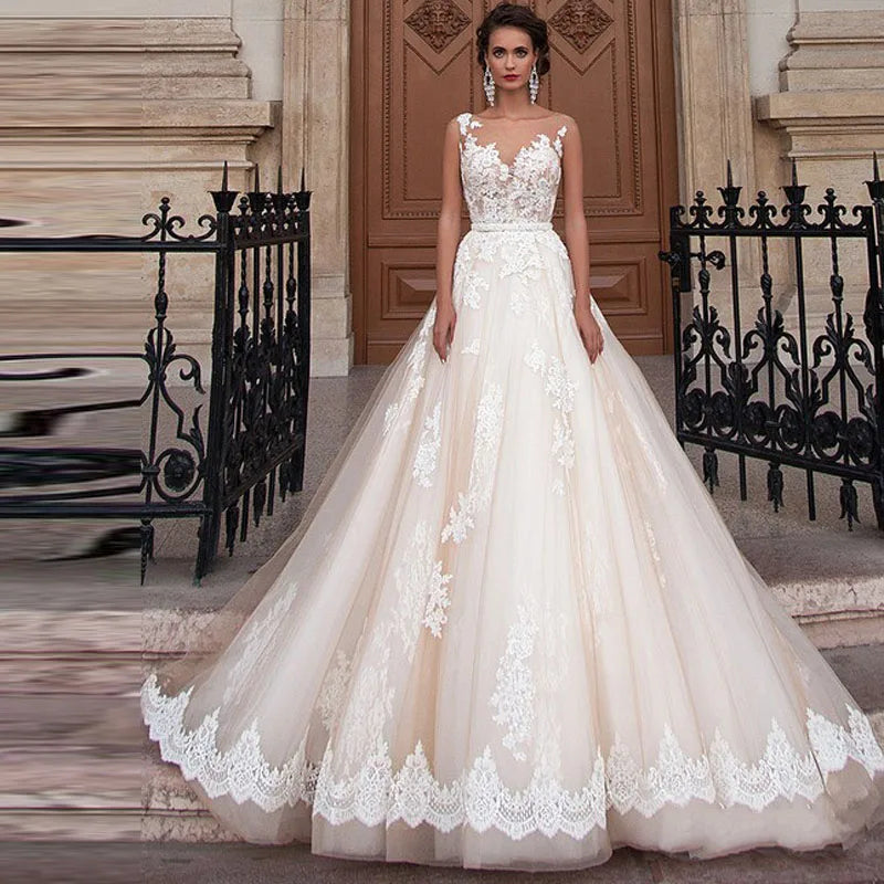 Plus Size Princess Wedding Dress A-Line Lace Sheer Back