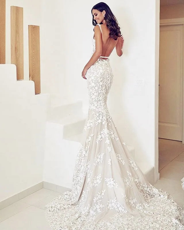 Deep V-Neck Mermaid Wedding Dress | Sexy Backless Lace