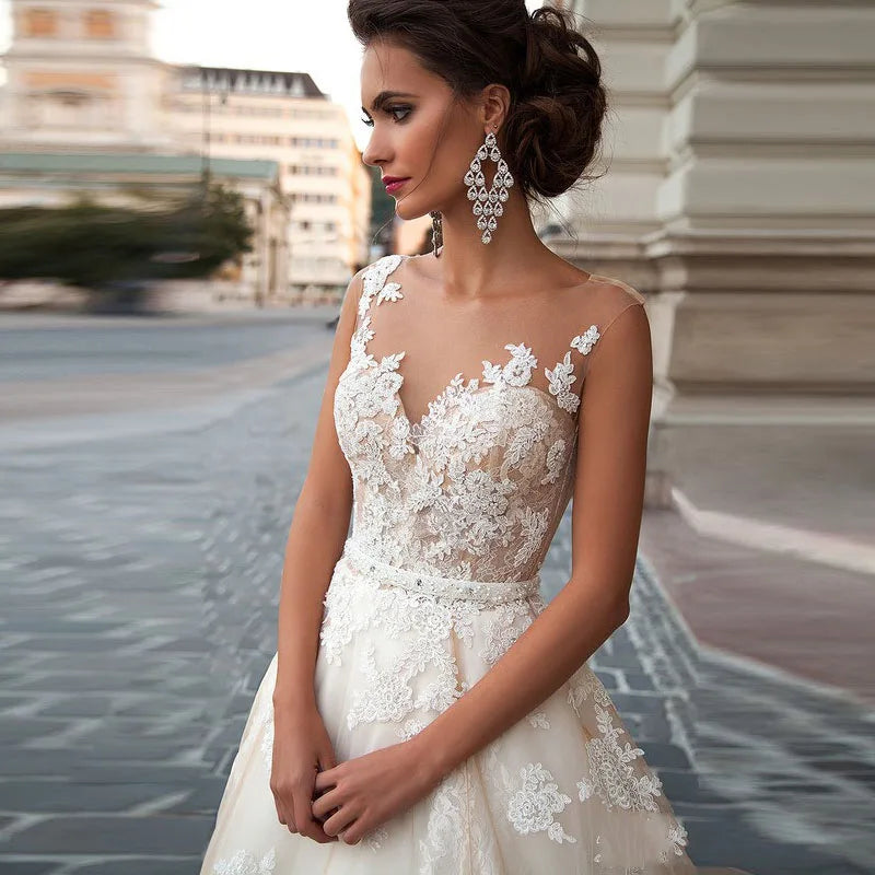 Plus Size Princess Wedding Dress A-Line Lace Sheer Back