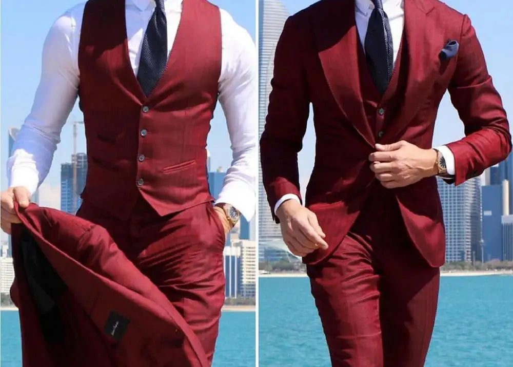 Mens 3 piece slim fit suit, elegant formal groom's suit with jacket