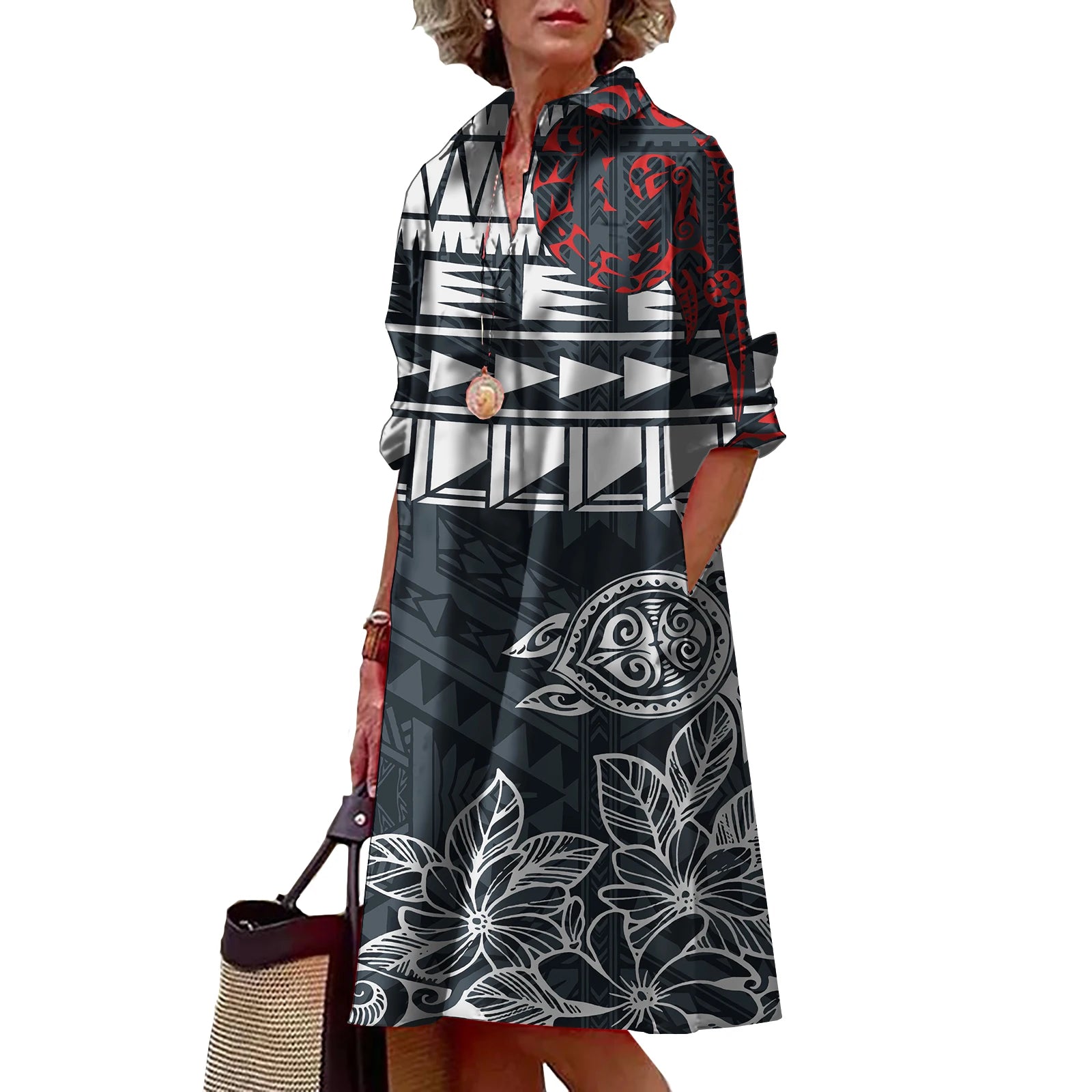 Shirt Dress with Polynesian Print