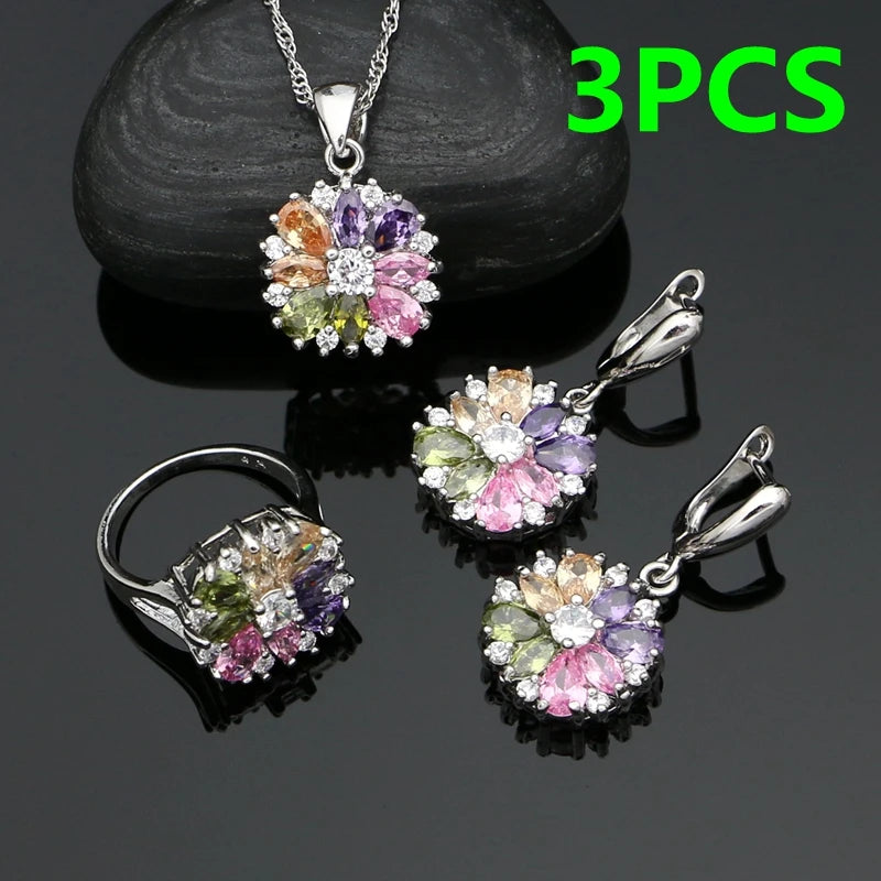 925 Sterling Silver Bridal Jewelry Set | Complete Set with Necklace, Ring, Earrings, Bracelet, and Multicolored Flower and Cubic Zirconia Pendant