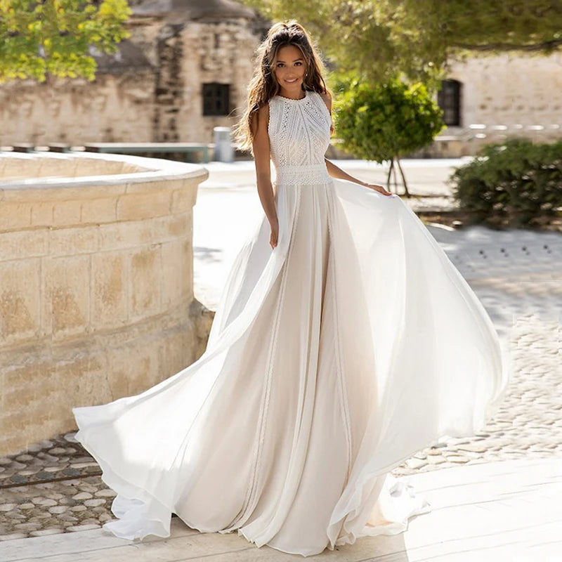 Bohemian beach wedding dress sleeveless chiffon gown