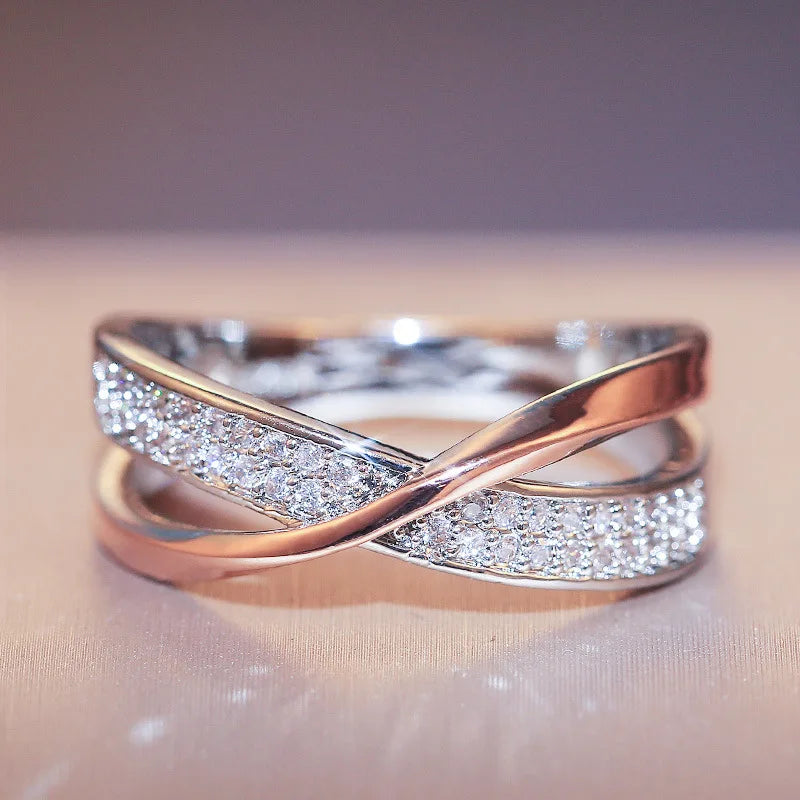 Classic 925 Sterling Silver Women's Ring, X-Shaped Cross, Dazzling Cubic Zirconia, Two-Tone Wedding Ring