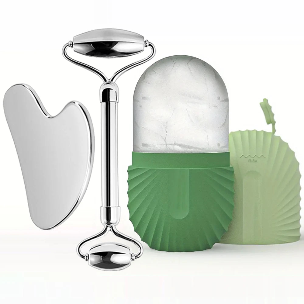 Ice Roller and Gua Sha Set - Stainless Steel with Facial Massage Mold