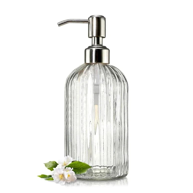 Clear Glass Dispenser - Refillable Bottle for Soap, Shampoo and Gel