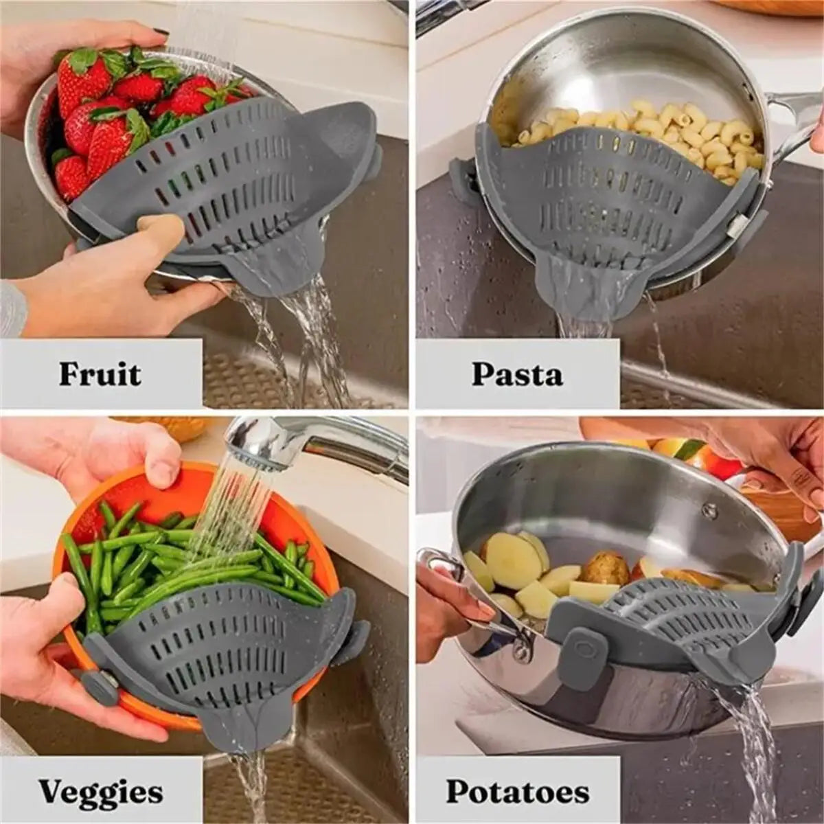Clip on kitchen strainer for pots