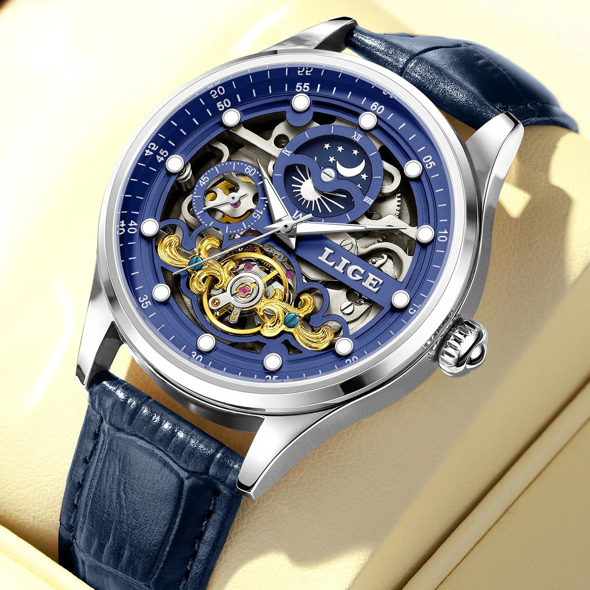 LIGE Men's Skeleton Tourbillon Automatic Waterproof Watch