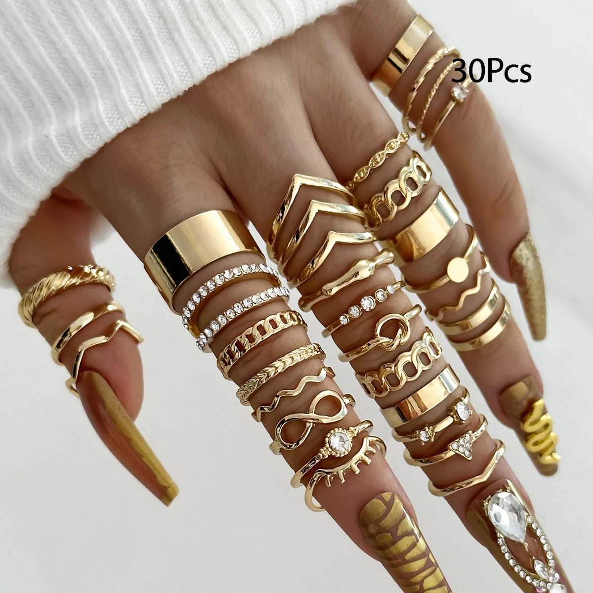 Set of 30 Women's Rings, Bohemian Geometric Stackable and Knuckle Rings, Gold and Silver Jewelry for Parties