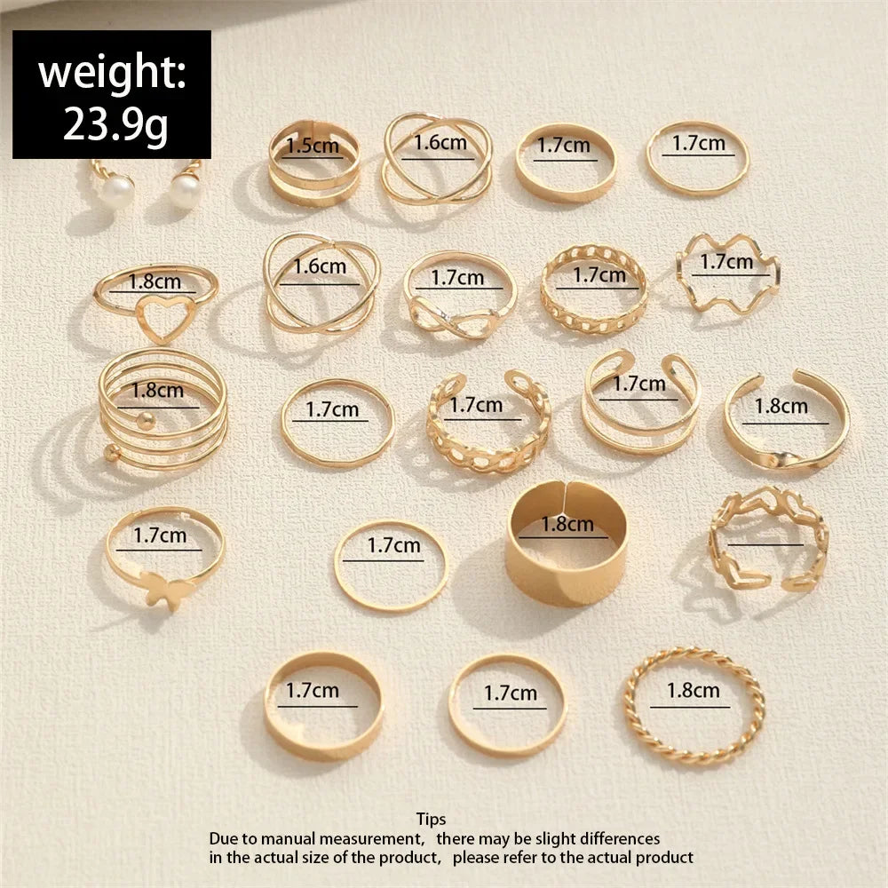 Set of 30 Women's Rings, Bohemian Geometric Stackable and Knuckle Rings, Gold and Silver Jewelry for Parties