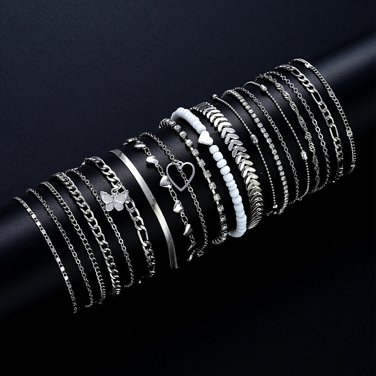 19Pcs Silver Anklet Set for Women, Pearl, Butterfly & Heart Designs