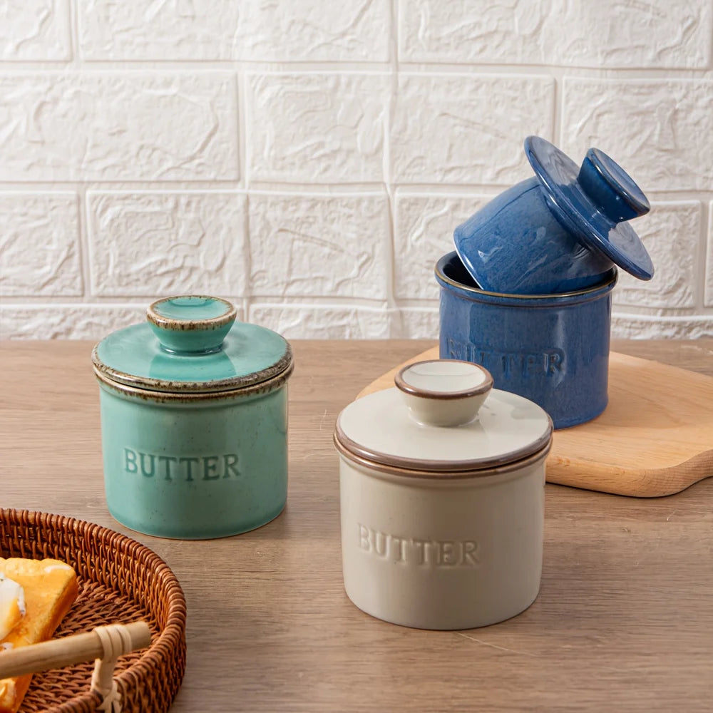 Ceramic Butter Dish with Lid, Handmade Wheel-Cranked Butter Container, Tabletop Butter Dish for Countertop (1 Unit)