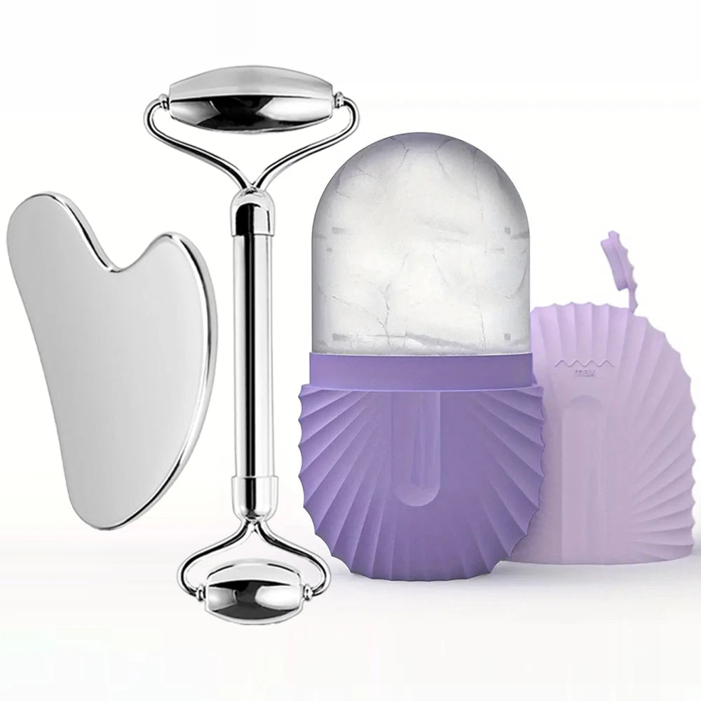 Ice Roller and Gua Sha Set - Stainless Steel with Facial Massage Mold