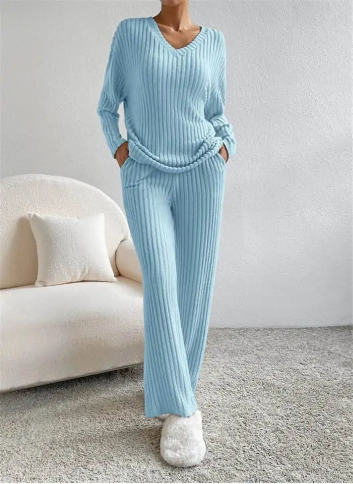 Women's Autumn Set | Casual Sweater and Pants, Long Sleeve, V-Neck
