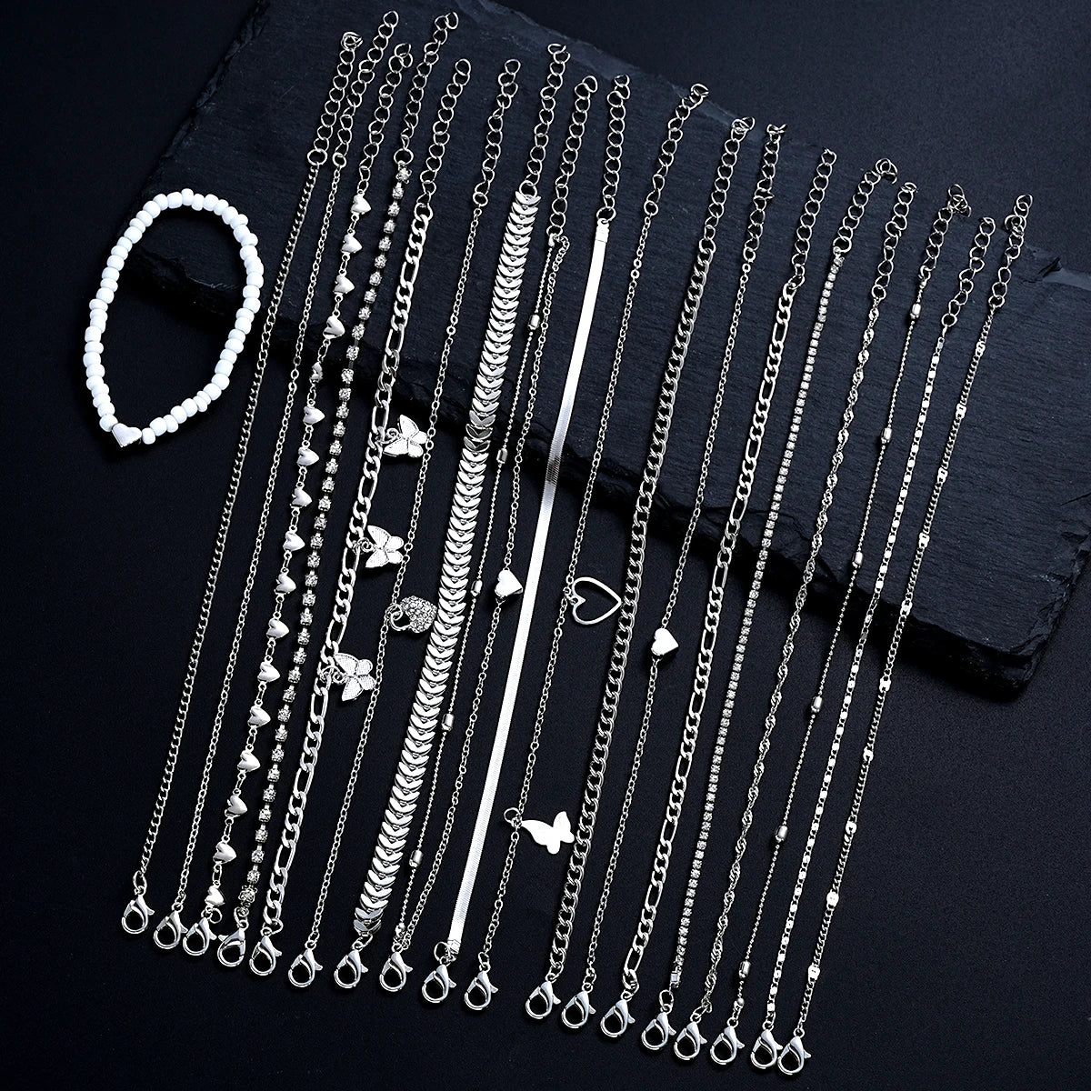 19Pcs Silver Anklet Set for Women, Pearl, Butterfly & Heart Designs