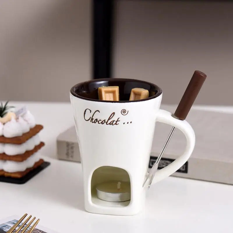 Ceramic Chocolate Fondue Set | Cheese and Chocolate Candle Warmer | Includes Fork