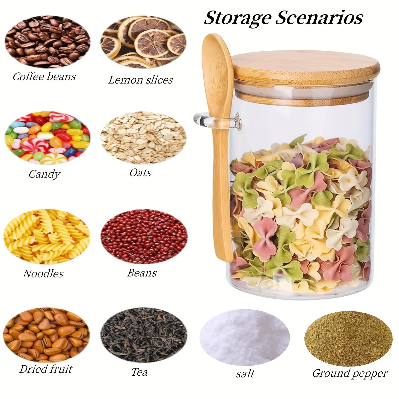 Glass Jar Set with Measuring Spoon, Airtight Pantry Containers, Ideal for Spices, Coffee and Sweets