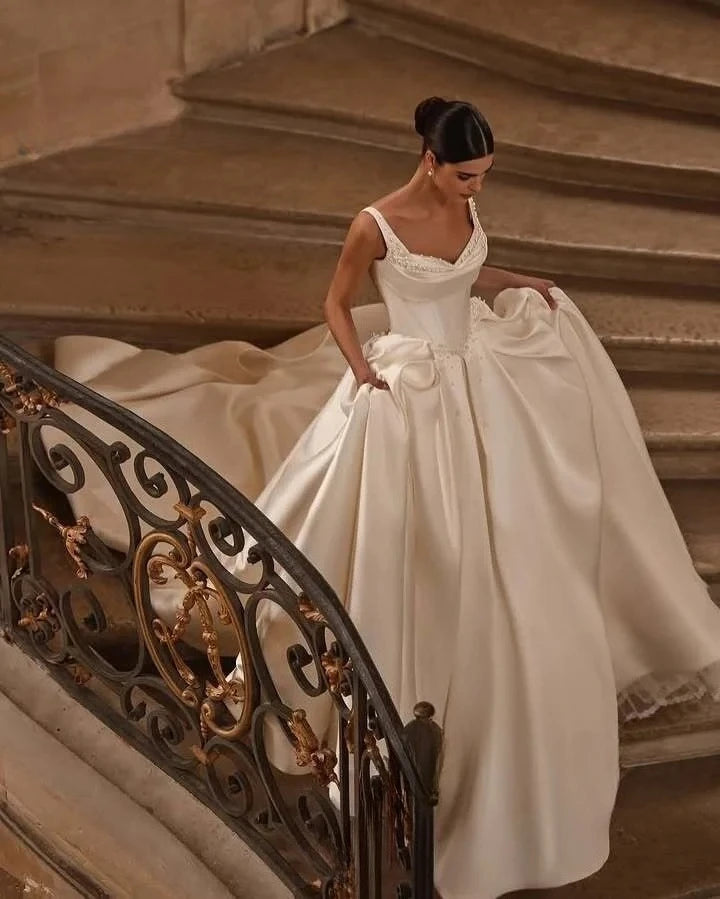 A line satin wedding dress with backless design