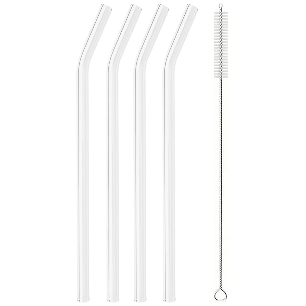 Set of Curved Borosilicate Glass Straws with Cleaning Brush