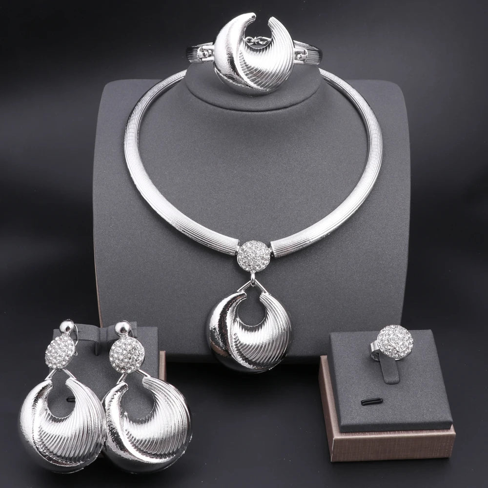 Women's Jewelry Set | Dubai Style, Silver, with Necklace, Earrings, Bracelet and Ring, for Weddings and Parties, Fashion Trend