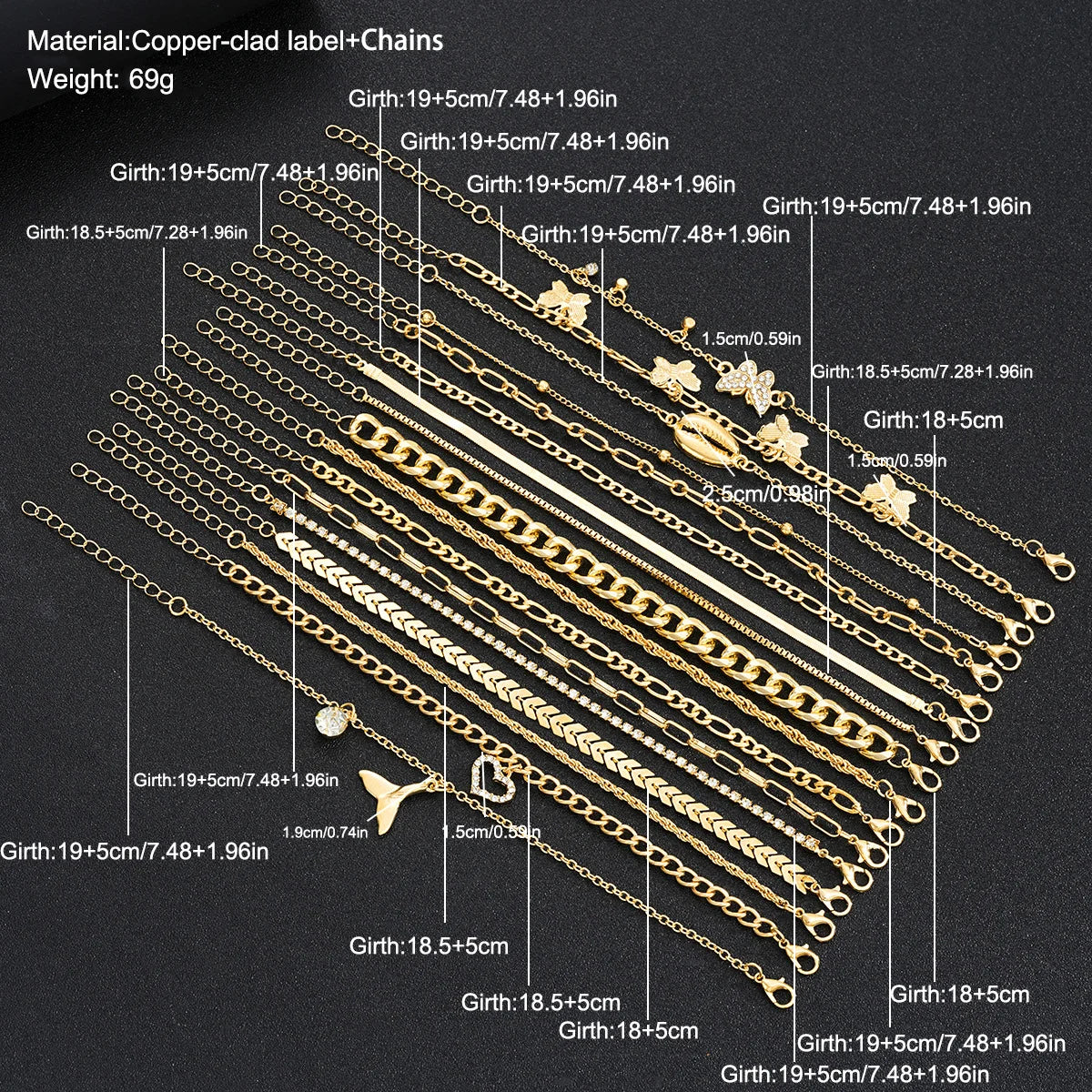 13pcs Bohemian Anklet Set, Heart & Butterfly Rhinestone with Faux Turquoise