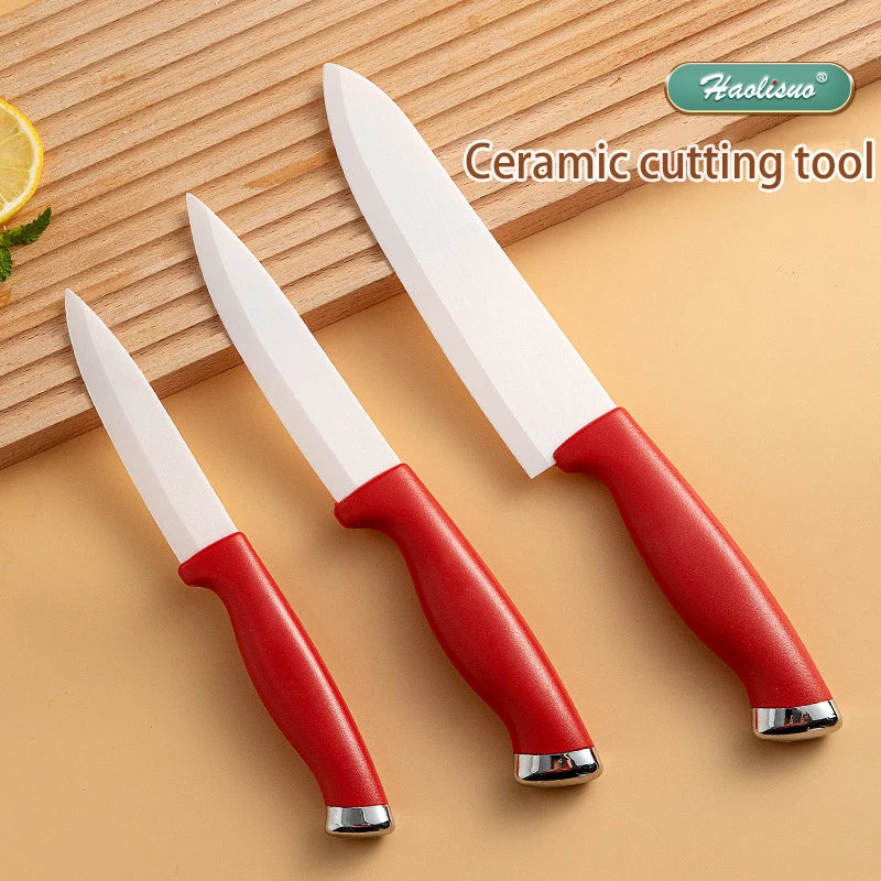Set of 3 Ceramic Kitchen Knives - Multipurpose with Protective Sheath