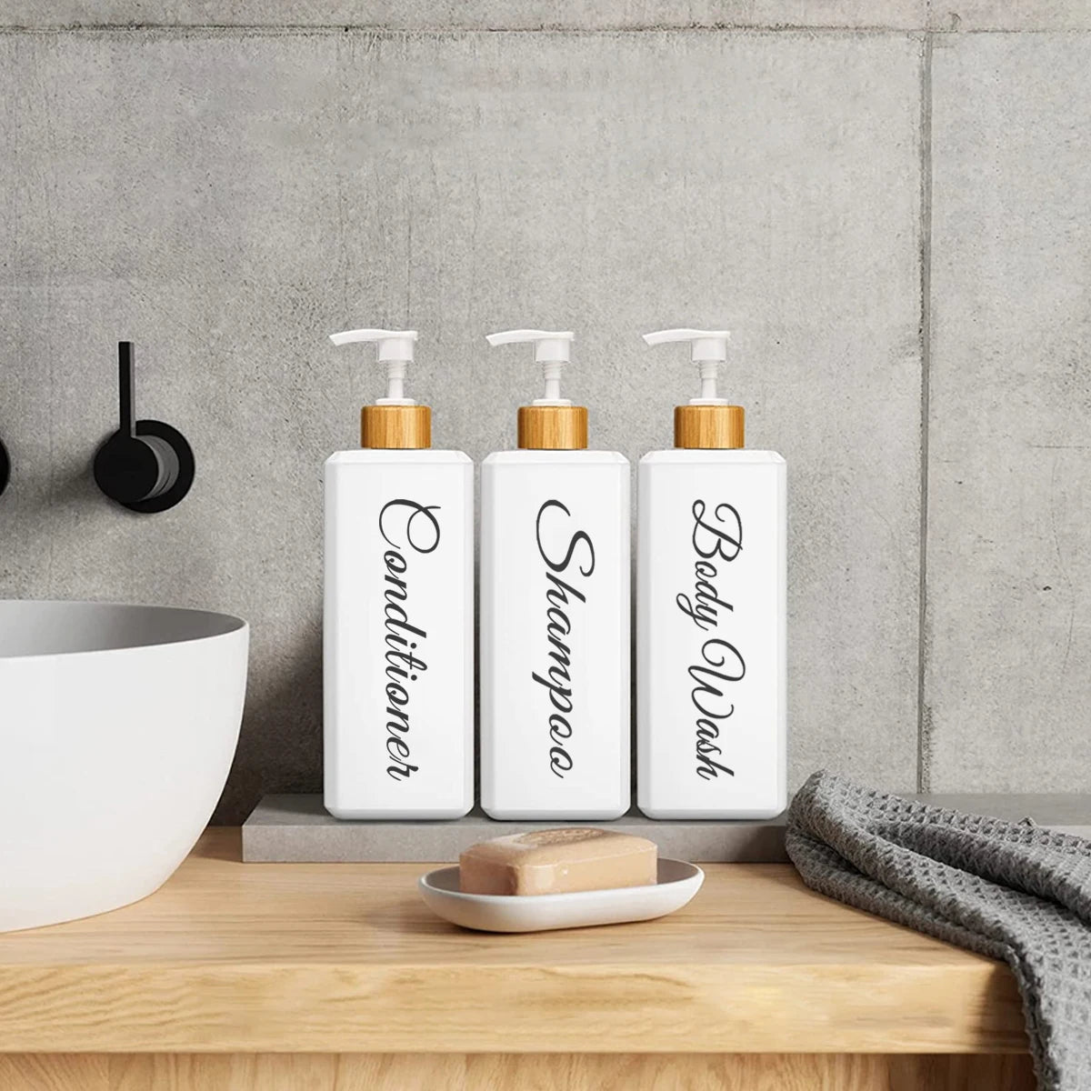 Bamboo Pump Dispenser Bottle Set - 500ml, Square Design for Bathroom