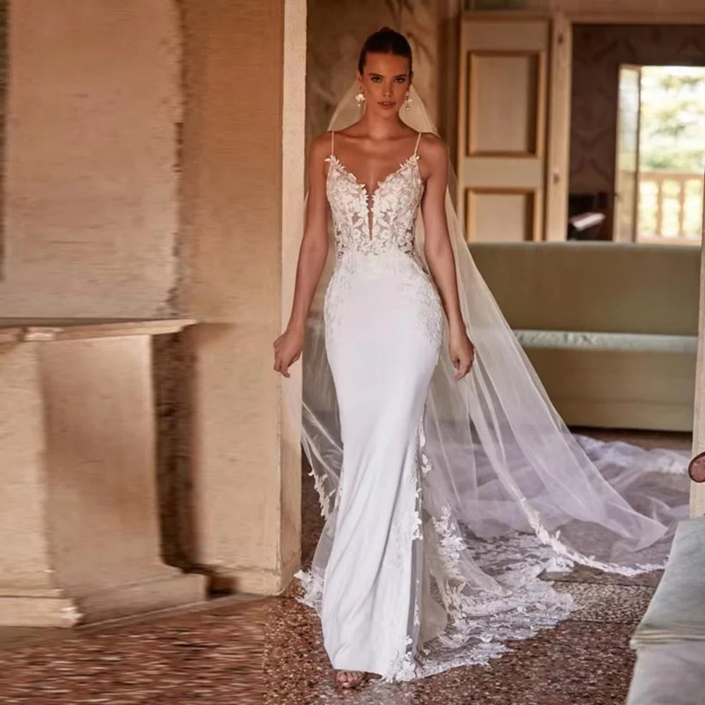 V-Neck Lace Wedding Gown | Spaghetti Strap Bridal Dress by Enternity with Court Train | Customized