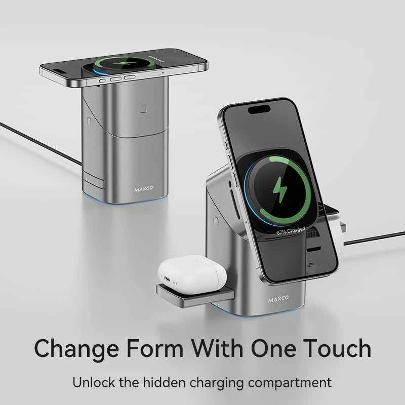 MAXCO Qi2 3-in-1 Wireless Charger, 15W Fast Magnetic Charging Station for iPhone 15/16, Apple Watch and AirPods