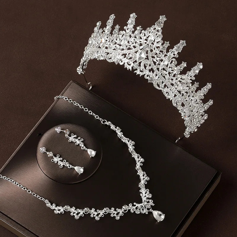 Bridal Jewelry Set (4 Pieces) | Tiara Crown, Necklace and Crystal Earrings, Alloy, Classic Wedding Jewelry