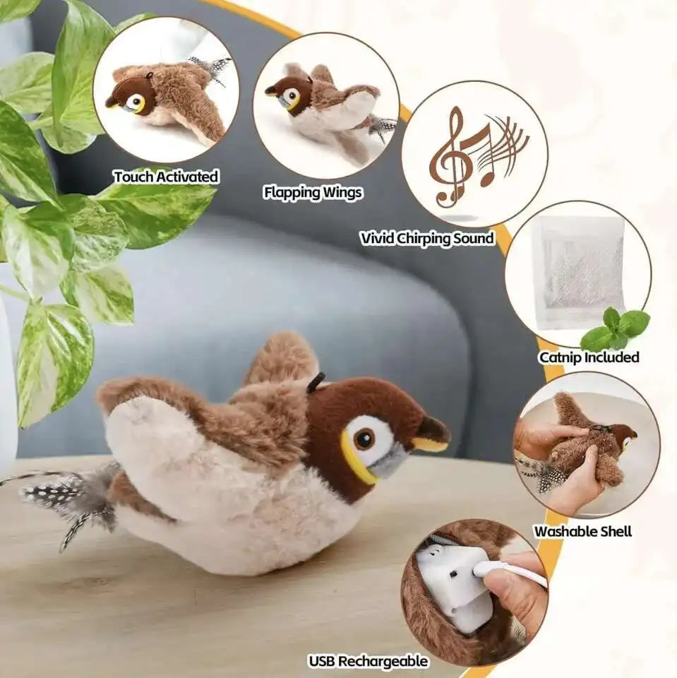 Interactive cat toy | Rechargeable plush toy with sound and flapping, with catnip
