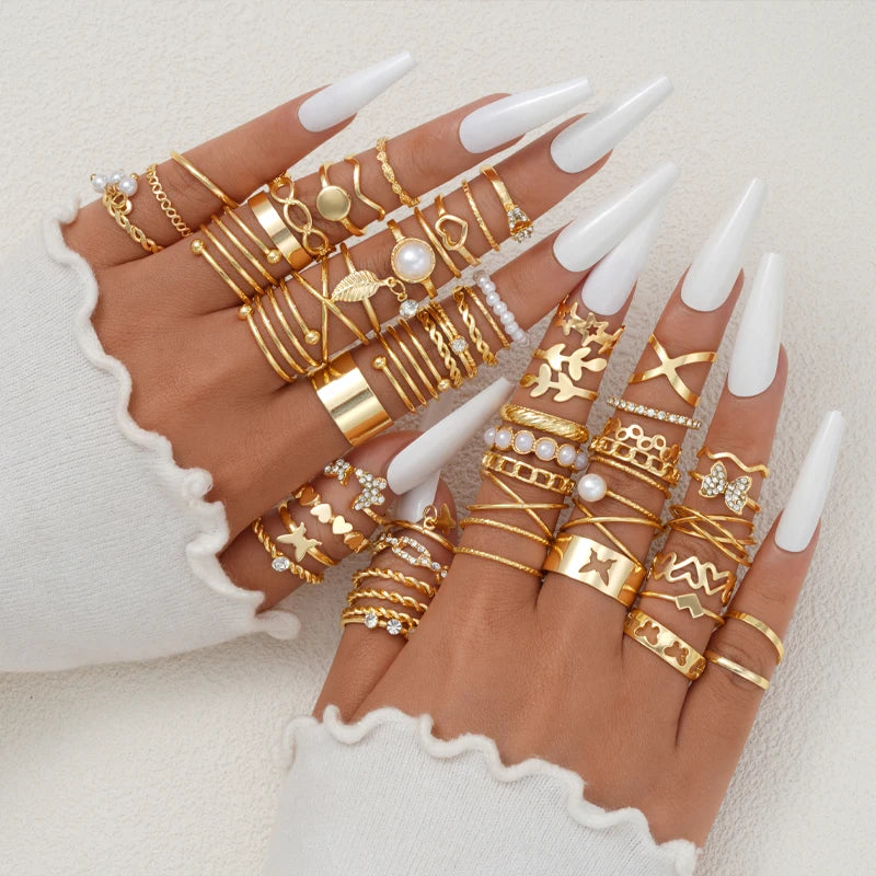 58PCS Gold Plated Rings Set for Women, Vintage Heart Snake & Butterfly Designs