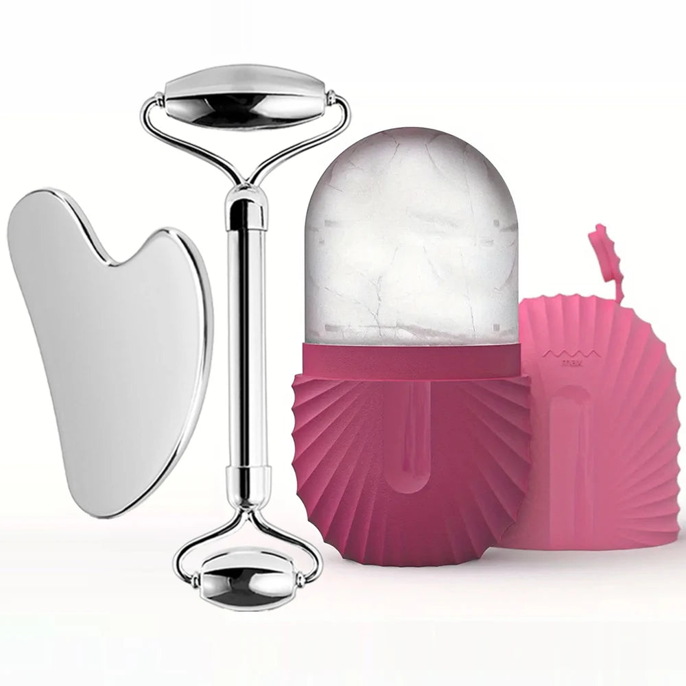 Ice Roller and Gua Sha Set - Stainless Steel with Facial Massage Mold