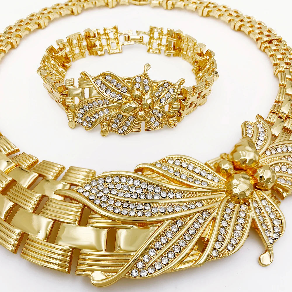 Bridal Jewelry Set with Choker and Large African Flower, Includes Bracelet, Earrings and Ring, 18K Gold Plated with Cubic Zirconia