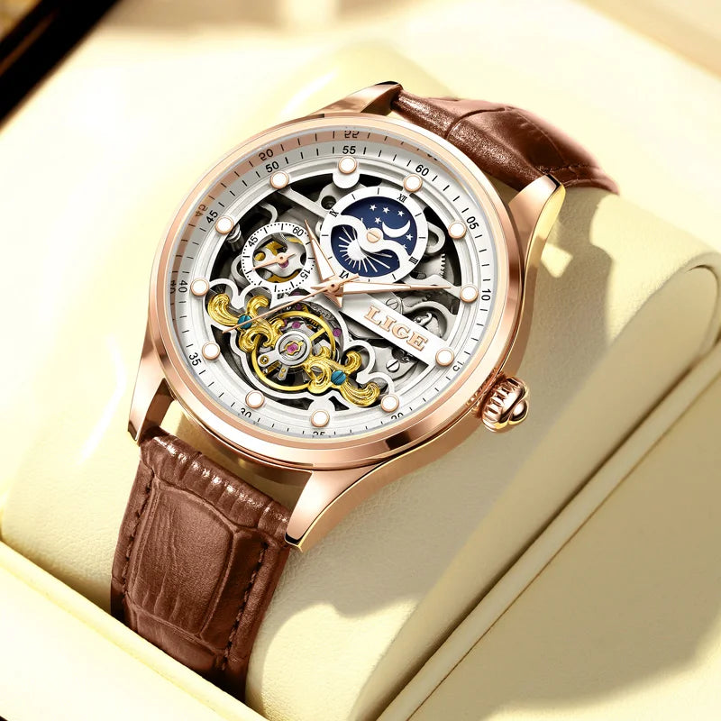 LIGE Men's Skeleton Tourbillon Automatic Waterproof Watch